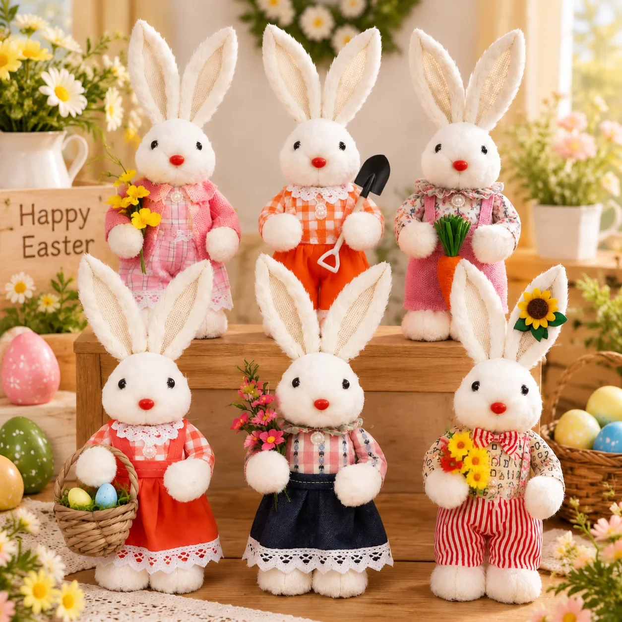 Original representative commercial visual for Pafu Easter Bunny Plush Decoration Spring Rabbit Figurine Holiday Home Tabletop Decor with Carrot Flower Accessory Easter Gift.